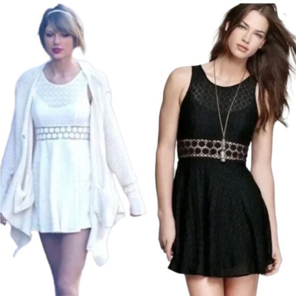 Free People- Black Lace Crochet Daisy Cutout Mini Sleeveless Skater Dress Size 4 - Picture 13 of 13